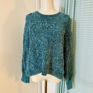 Pink Rose Knitted Sweater in teal blue color - size medium